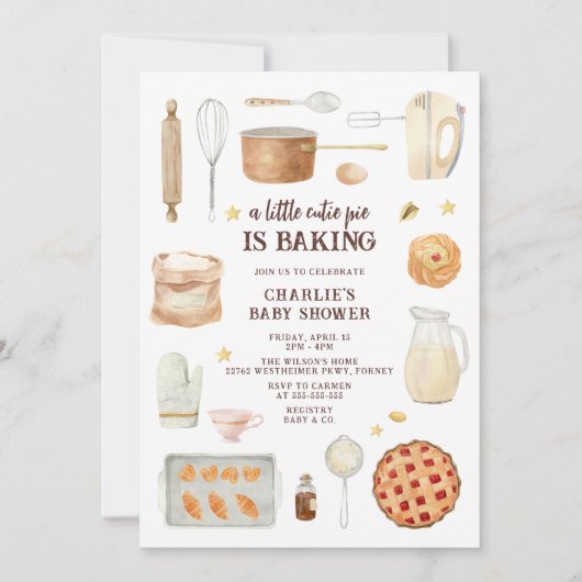 水の色モダンかわいこちゃんパイはベーキングベビーシャワー 招待状 (正面)