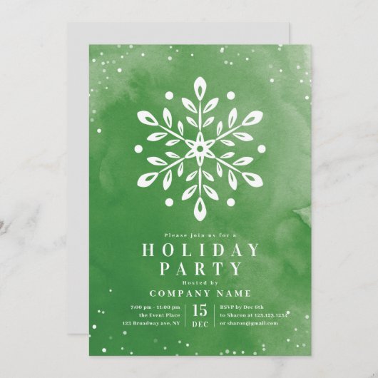 水の色モダンスノーフレーク緑のクリスマスパーティー 招待状 (正面/裏面)