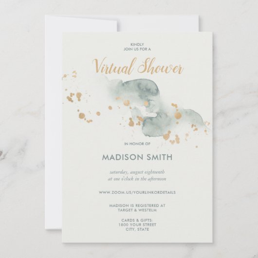 水の色モダンセージ緑の仮想ブライダルシャワー 招待状 (正面)