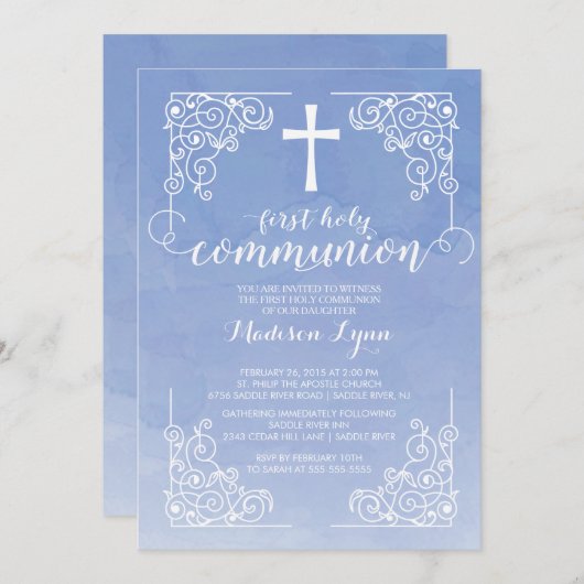 水の色モダンファーストホーリーコミュニオン招待状 招待状 (正面/裏面)