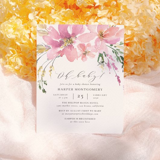 水の色モダンフローラオベビーベビーガールシャワー インビテーションポストカード