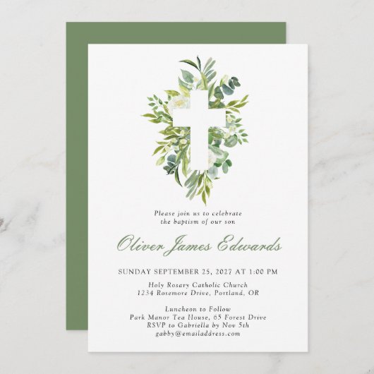 水の色モダンフローラクロスセージ緑バプテスマ 招待状 (正面/裏面)