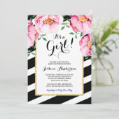 水の色モダンフローラ女の子ストライプ赤ちゃんシャワー 招待状 (スタンド正面)