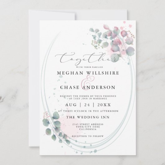 水の色モダンユーカリの葉はだしの花嫁 招待状 (正面)