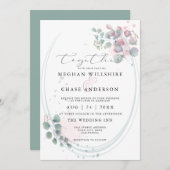 水の色モダンユーカリの葉はだしの花嫁 招待状 (正面/裏面)