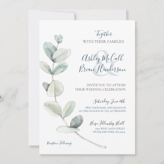 水の色モダンユーカリ結婚式の招待 招待状 (正面)