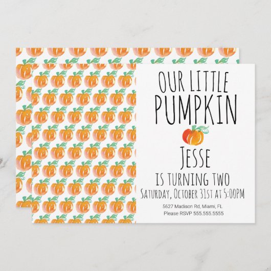 水の色モダンリトルハロウィーンカボチャ 招待状 (正面/裏面)