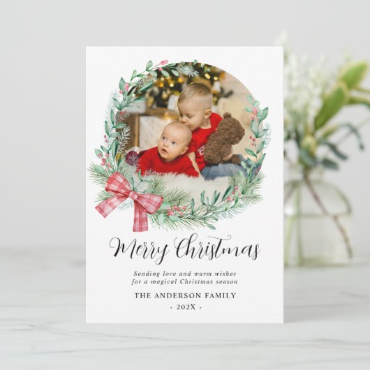 水の色モダンリースボウフォトクリスマス シーズンカード (スタンド正面)