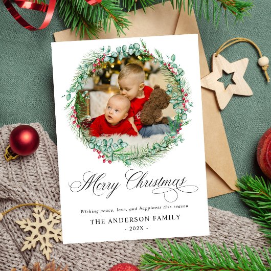 水の色モダンリースボウフォトクリスマス シーズンカード