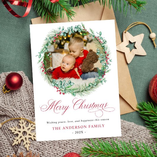 水の色モダンリースボウフォトクリスマス シーズンカード