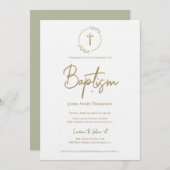 水の色モダンリース金箔金ゴールドクロスバプテスマ 招待状 (正面/裏面)