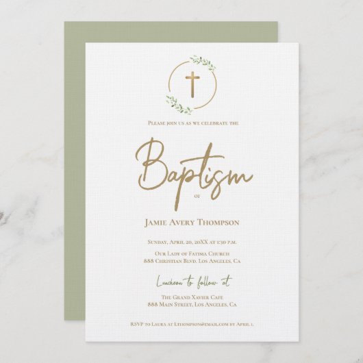 水の色モダンリース金箔金ゴールドクロスバプテスマ 招待状 (正面/裏面)