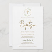 水の色モダンリース金箔金ゴールドクロスバプテスマ 招待状 (正面)
