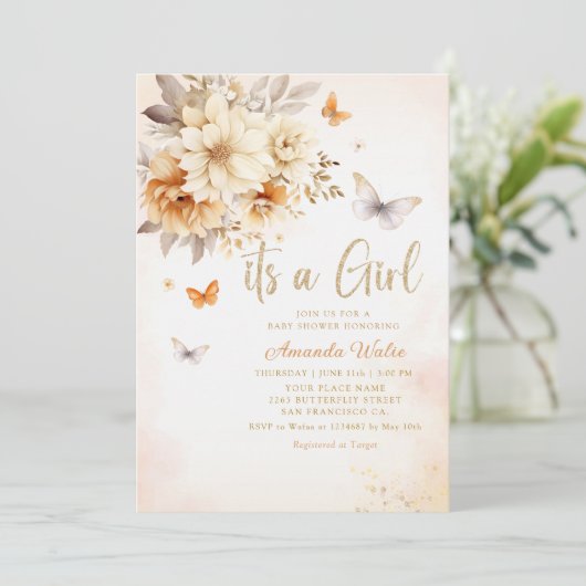 水の色モダンワイルドフラワーボホガール赤ちゃんシャワー 招待状 (スタンド正面)