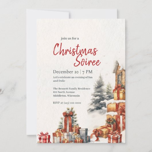 水の色モダン冬の赤い緑のクリスマスパーティー 招待状 (正面)