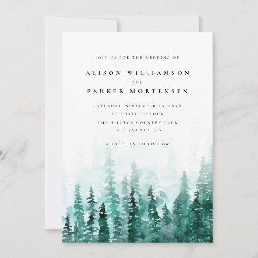 水の色モダン松の木の森の国の結婚式 招待状 (正面)