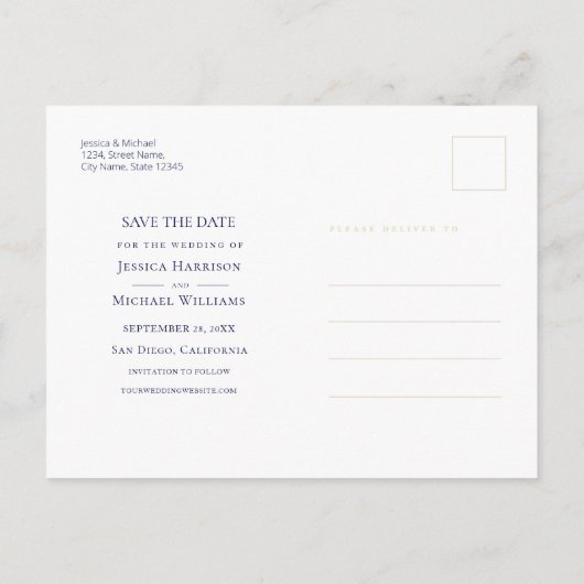 水の色モダン深い青い瑪瑙の日付を保存 インビテーションポストカード (裏面)