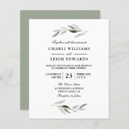 水の色モダン緑の葉の予算結婚式の招待