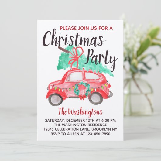 水の色モダン赤い車のトラッククリスマスパーティー 招待状 (スタンド正面)