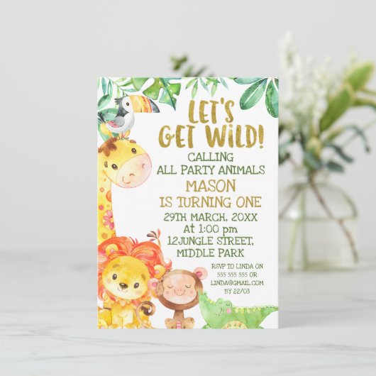 水の色モダン金ゴールドサファリ動物誕生日 招待状 (スタンド正面)