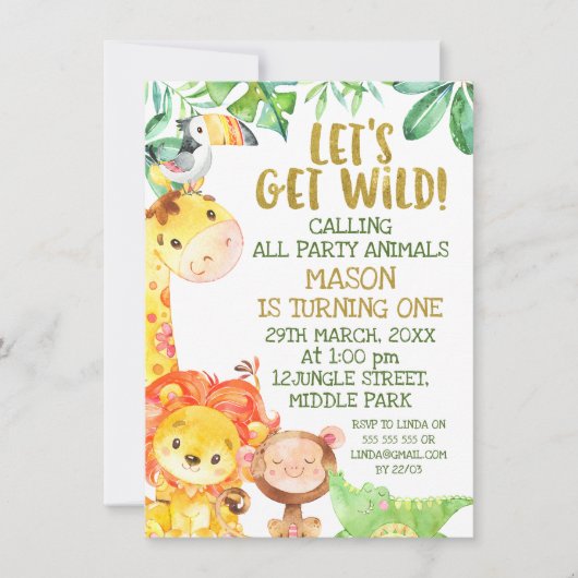 水の色モダン金ゴールドサファリ動物誕生日 招待状 (正面)