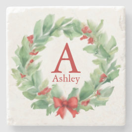 水の色モノグラムと名前のクリスマスリース ストーンコースター
