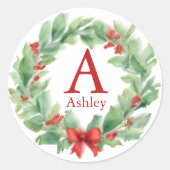 水の色モノグラムと名前のクリスマスリース ラウンドシール (正面)