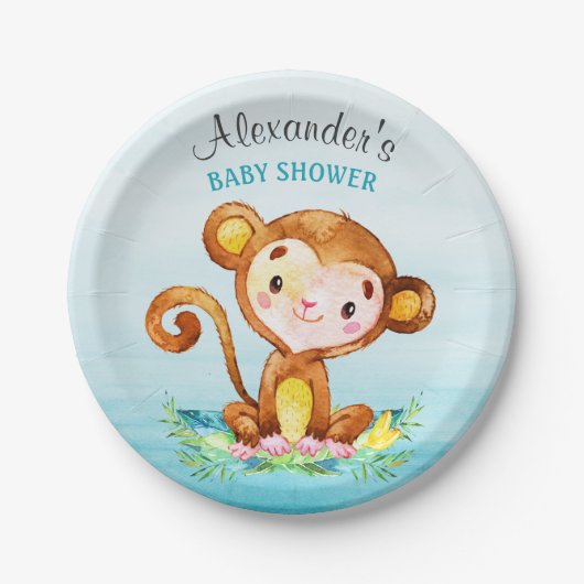 水の色モンキーボーイ赤ちゃんシャワー ペーパープレート (正面)