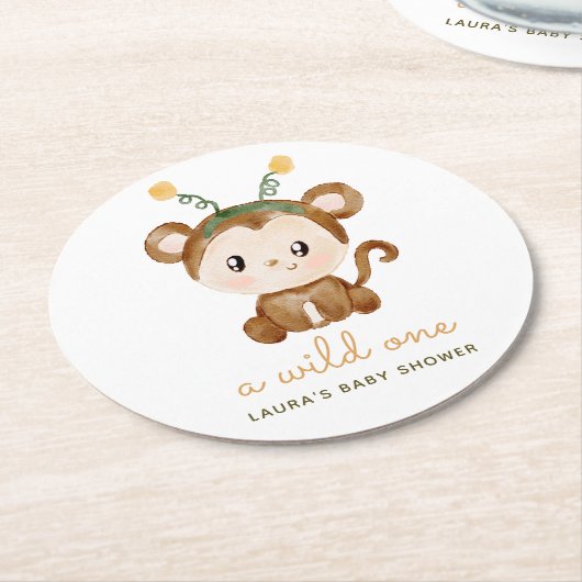 水の色モンキー熱帯葉赤ちゃんシャワー ラウンドペーパーコースター (アングル)