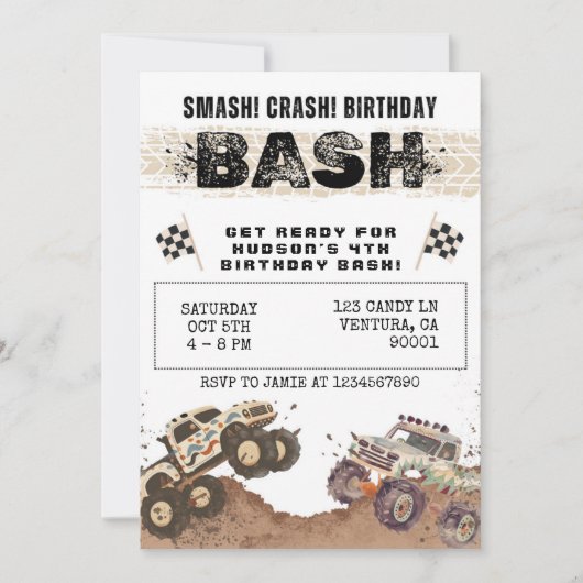 水の色モンスタートラックボーイズ誕生日パーティー 招待状 (正面)