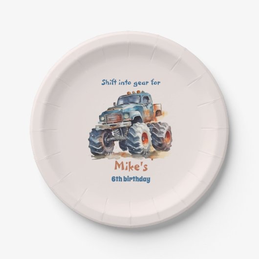 水の色モンスタートラックボーイ誕生日 ペーパープレート (正面)