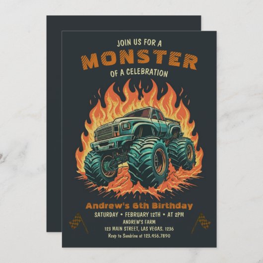 水の色モンスタートラックボーイ誕生日 招待状 (正面/裏面)