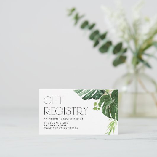 水の色モンステラ熱帯赤ちゃんシャワー登録 エンクロージャーカード (スタンド正面)