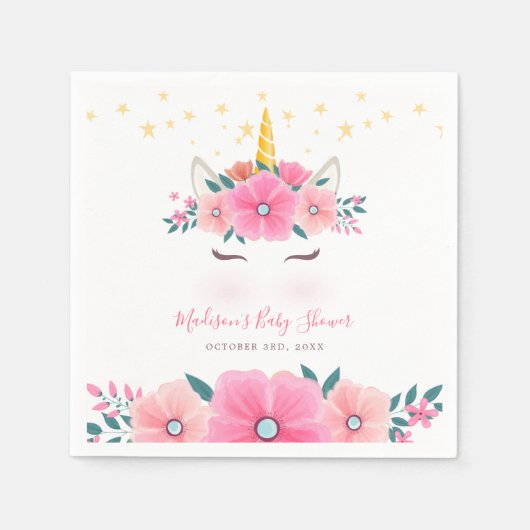 水の色ユニコーン顔フローラスターベビーシャワー スタンダードカクテルナプキン (正面)