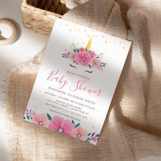 水の色ユニコーン顔フローラスターベビーシャワー 招待状