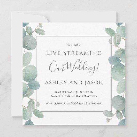 水の色ユーカリのライブストリーミ結婚ング 招待状 (正面)