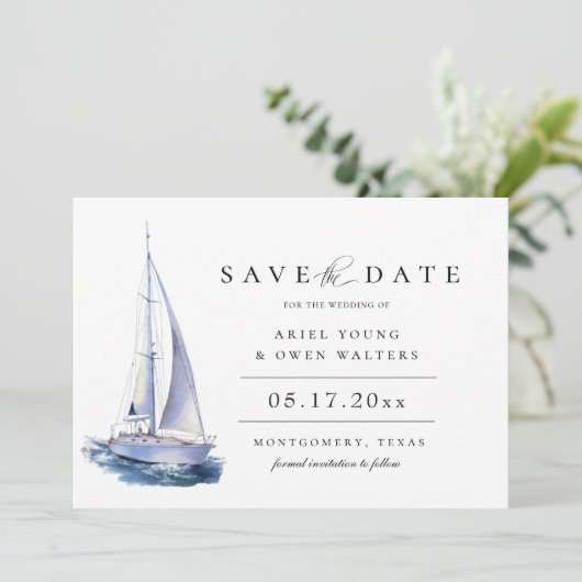 水の色ヨット航海のテーマ日付を保存 案内状 (スタンド正面)