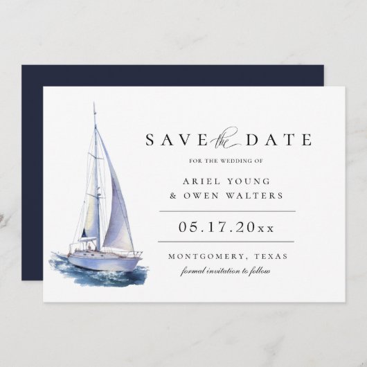 水の色ヨット航海のテーマ日付を保存 案内状 (正面/裏面)