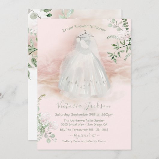 水の色ライト&エアリーブライダルガウンシャワー 招待状 (正面/裏面)