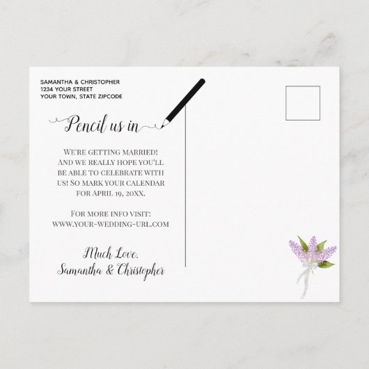 水の色ライラック結婚式の日付ラベンダーを保存 案内ポストカード (裏面)