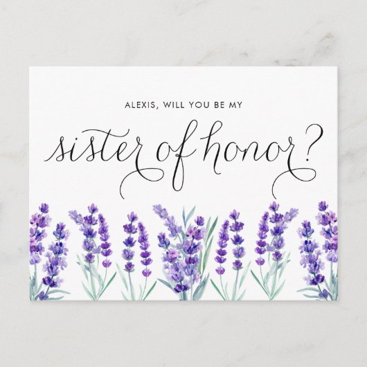 水の色ラベンダーは私の名誉の妹になる インビテーションポストカード (正面)