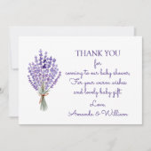 水の色ラベンダーブーケありがとうベビーシャワー サンキューカード (正面)