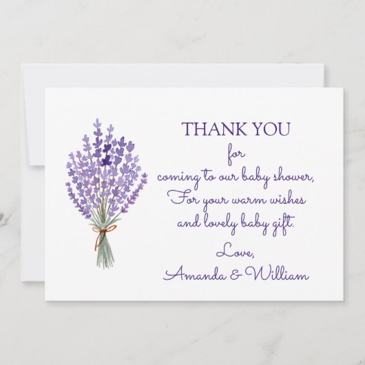 水の色ラベンダーブーケありがとうベビーシャワー サンキューカード (正面)