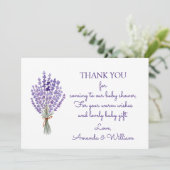水の色ラベンダーブーケありがとうベビーシャワー サンキューカード (スタンド正面)