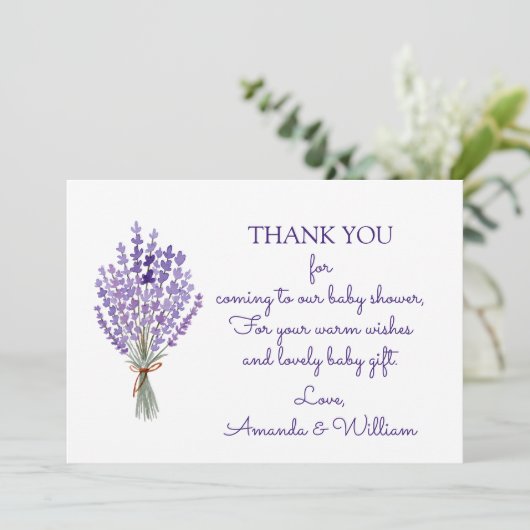 水の色ラベンダーブーケありがとうベビーシャワー サンキューカード (スタンド正面)