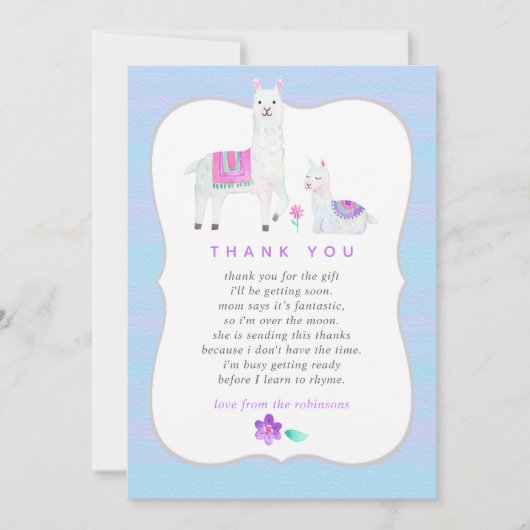 水の色ラマをテーマにした赤ちゃんシャワーありがとう サンキューカード (正面)