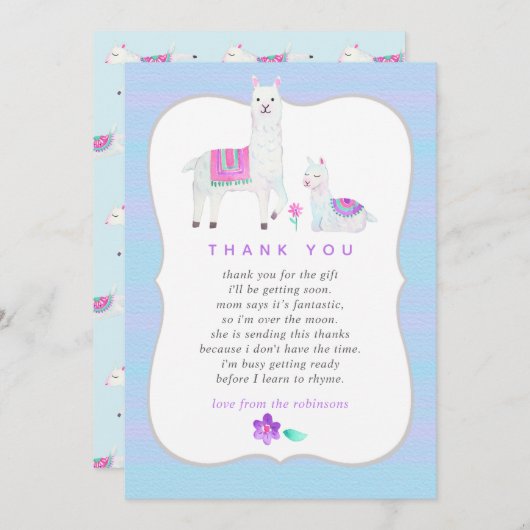 水の色ラマをテーマにした赤ちゃんシャワーありがとう サンキューカード (正面/裏面)