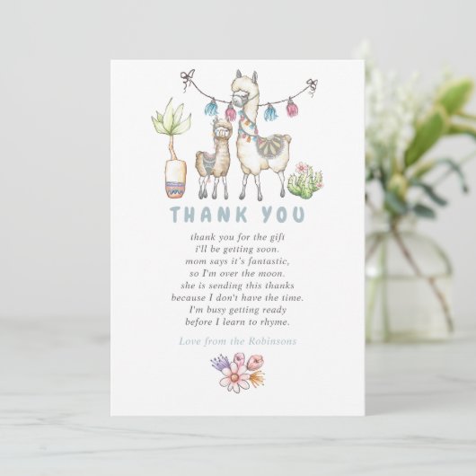 水の色ラマをテーマにした赤ちゃんシャワーありがとう サンキューカード (スタンド正面)