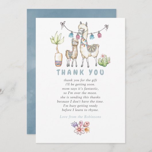 水の色ラマをテーマにした赤ちゃんシャワーありがとう サンキューカード (正面/裏面)