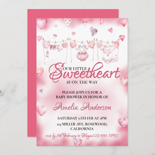 水の色リトルスウィートバレンタインベビーシャワー 招待状 (正面/裏面)